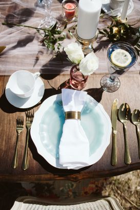 Gold Aqua Dusty Pink Place Setting on Table